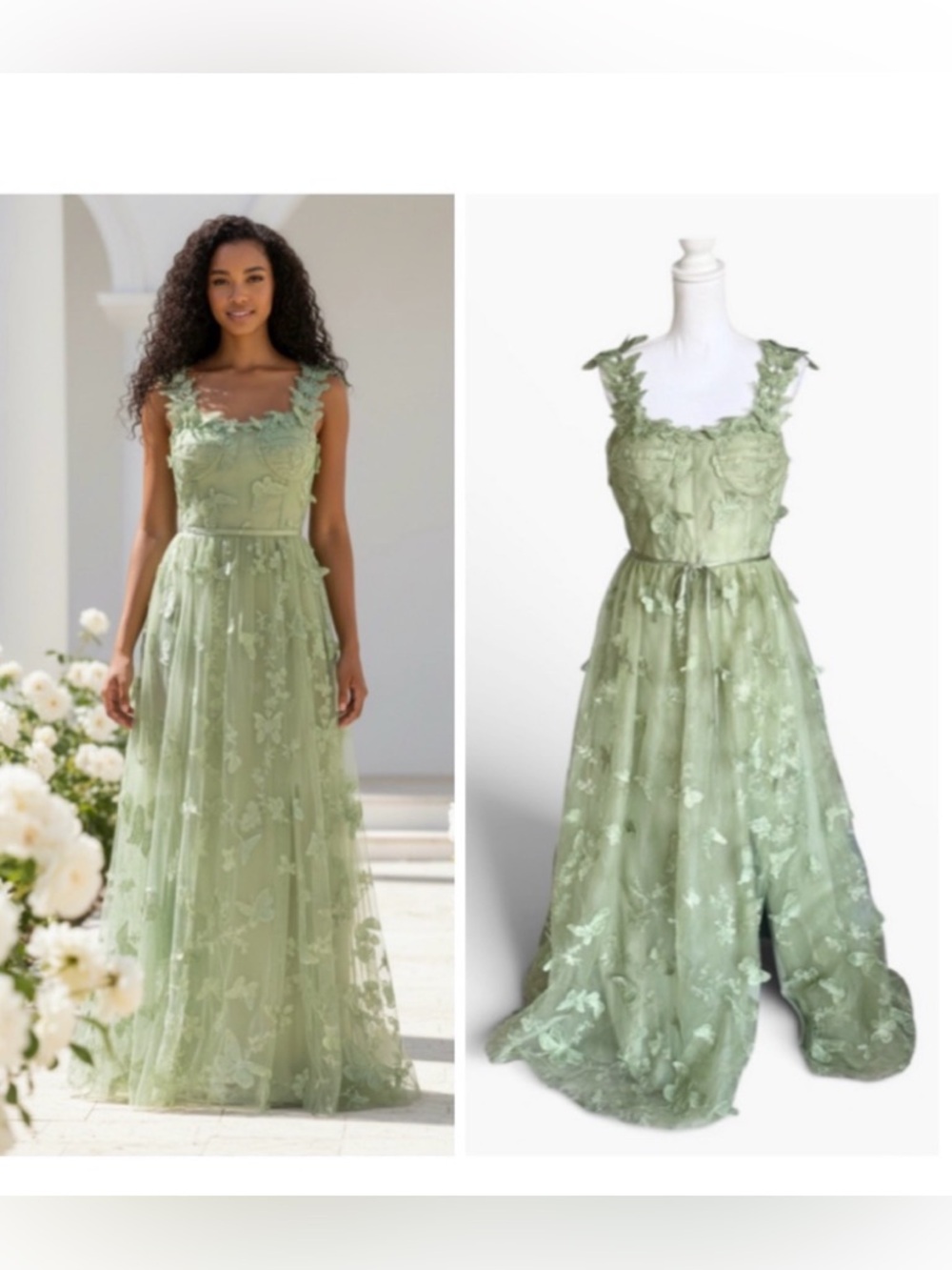 Elegant formal long dress green apple color butterfly corset back tie fairytale